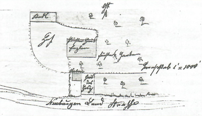 Situationsplan über das Haus des Joseph Hosp (HN 65), der 1856 einen Stadel anbaute. Im Westen grenzt die „Neuburger Land Strahße", im Osten „Försters Garten" an.