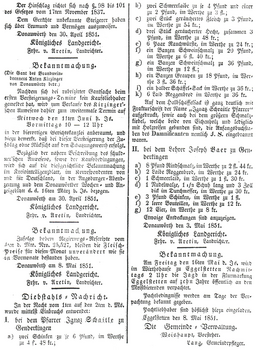 Zeitungsauschnitt Mai 1851 Diebstahl - seihe auch Lehrer Baer
